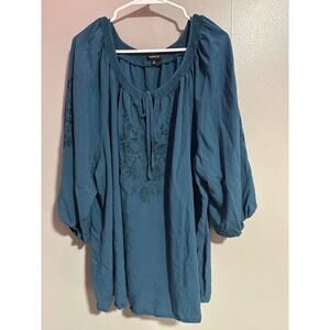Torrid Teal Embroidered Peasant Blouse Boho Tie Neck Top Size 3 (3X)